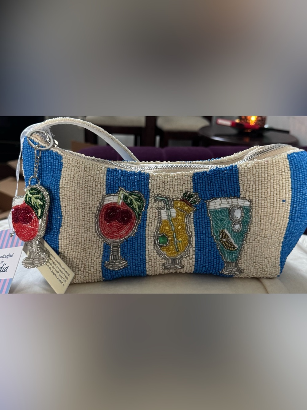NWT Viral Handcrafted Blue Striped Beaded Cocktail Bag - Picture 2 of 3
